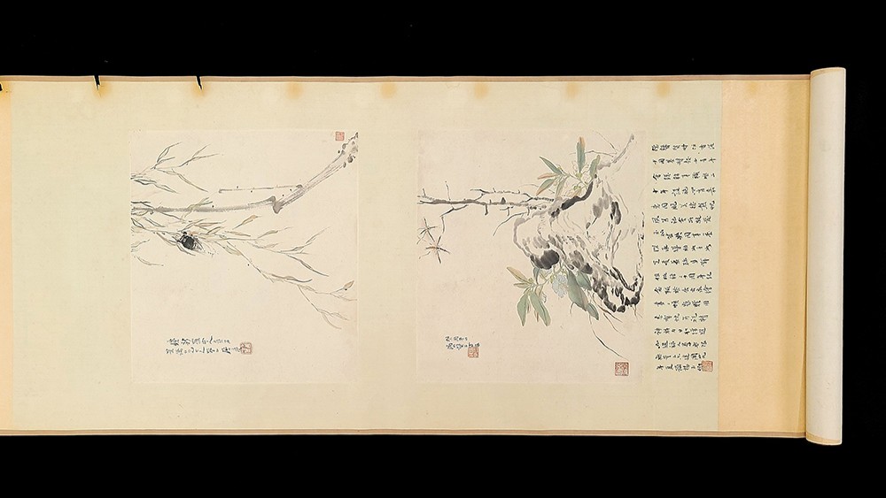 scroll with two paintings and Chinese writing