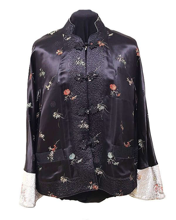 Black silk jacket with embroidered flowers